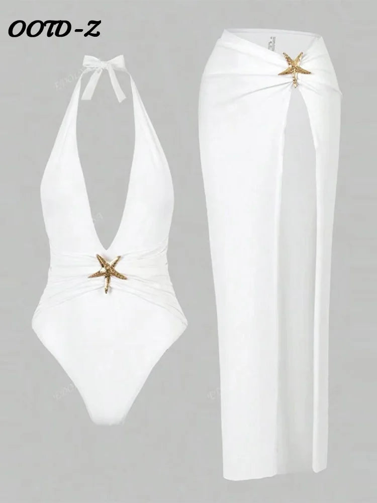 Sexy Halter Starfish Decorative Bikini Set Women 2025 Summer Solid Deep V-neck Swimsuit Side Split Skirt Lady Beach Holiday Suit - Sun Studio