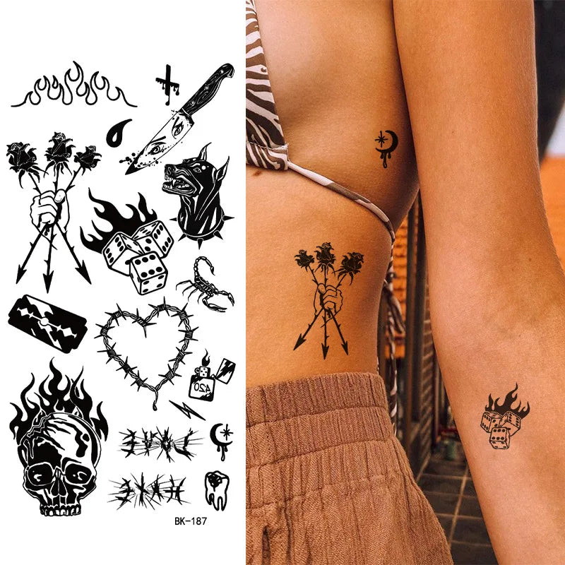 Black White Temporary Transfer Tattoos Floral Butterfly Lettering Line Art Waterproof Body Stickers for Music Festival Party