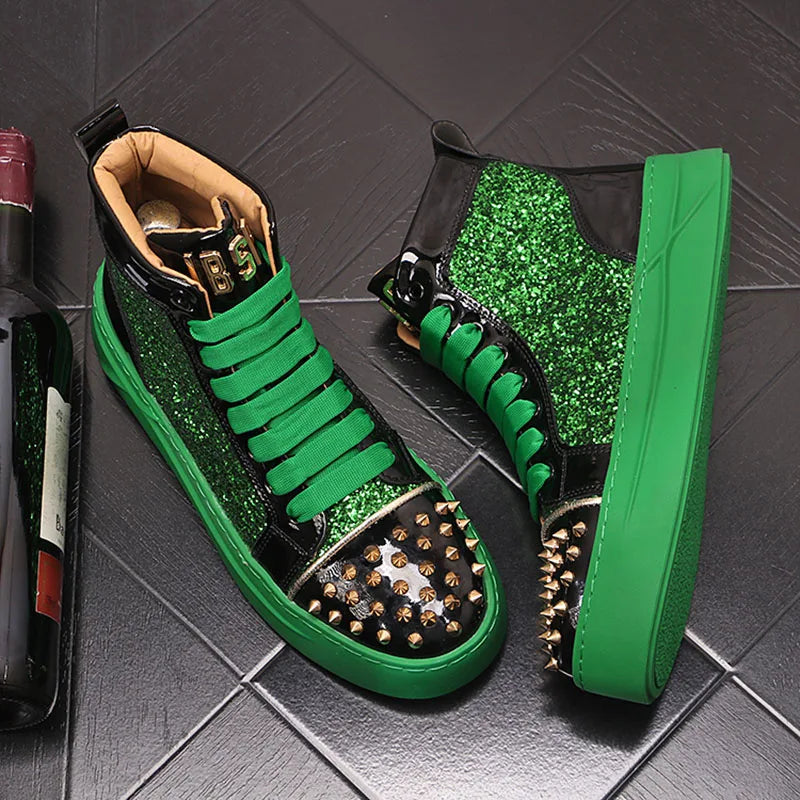 Winter High Tops For Men Rivet Sequin Everyday All Match Patent Leather Casual Shoes Male Flats Loafers Sports Walking Sneakers - Sun Studio