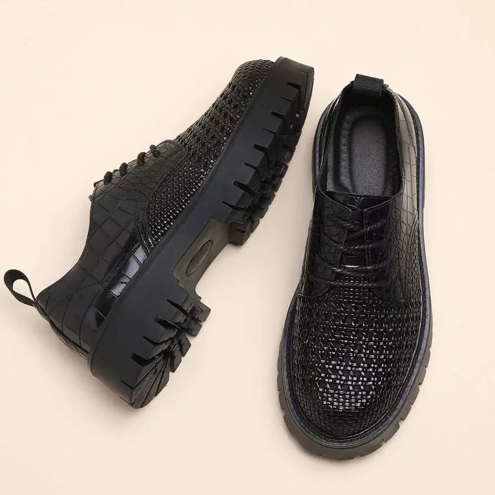 Spring leather woven leather wear-resistant thick-soled heightening casual men's first-layer cowhide breathable hollow shoes - Sun Studio