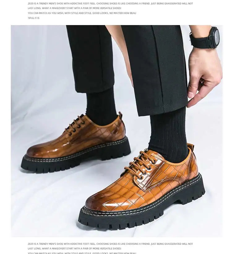 New Black Men Shoes Lace-up  Round Toe Stone Pattern Brown Gray Men Dress Shoes Size 38-46 - Sun Studio