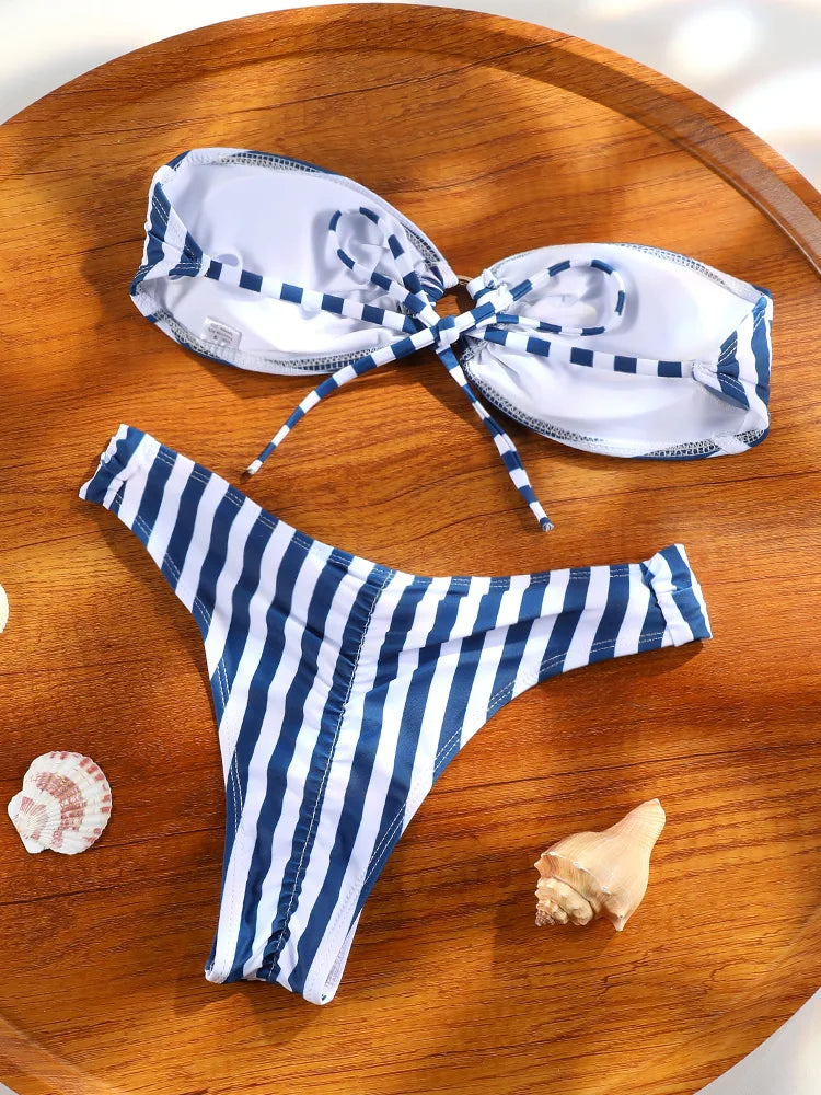 ZRTAK Sexy Bandeau Bikinis for Women Striped Swimwear Beachwear Bathing Suit Biquinis High Cut Bikini Sets Push Up Swimsuit - Sun Studio