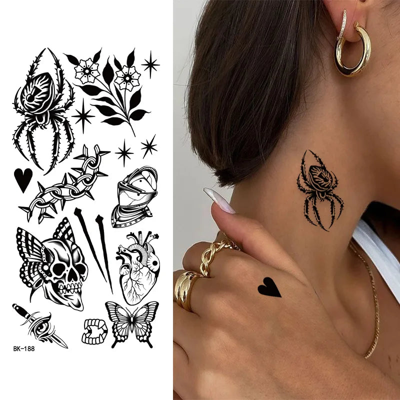 Black White Temporary Transfer Tattoos Floral Butterfly Lettering Line Art Waterproof Body Stickers for Music Festival Party