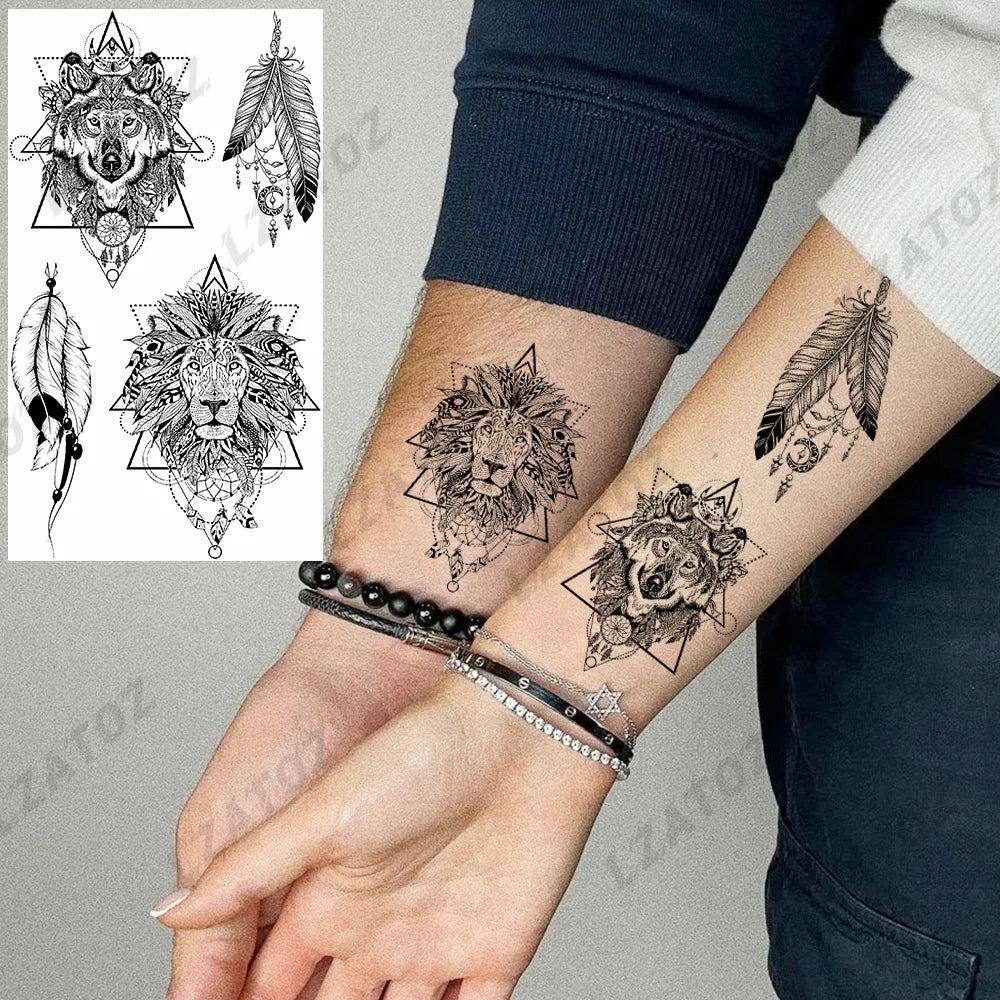 Unique Triangle Ocean Wave Temporary Tattoos For Men Women Realistic Tiger Lion Fake Tattoo Stickers Saying Transfer Art Tatoos - Sun Studio
