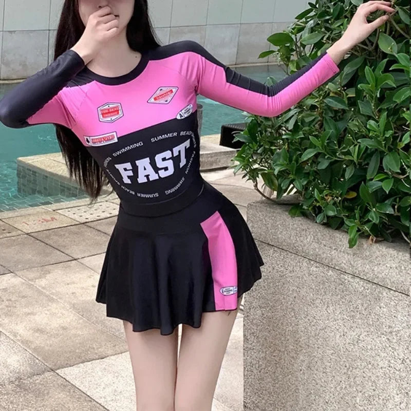 Racing Style Swimsuit Sexy Short Skirt Sweet Cool Spicy Girl Long Sleeved Conservative Belly Covering Surfing Vacation Swimwear - Sun Studio