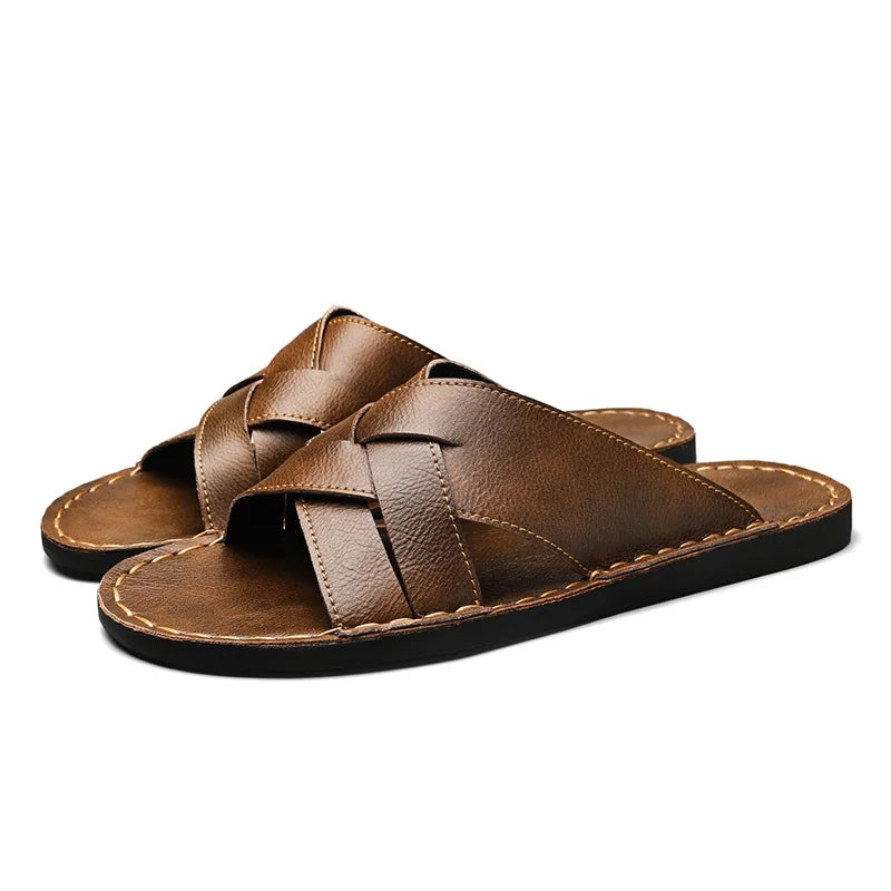 Handmade Leather Slippers for Men 2025 New Beach Summer Walking Shoes Slip on Light Male Flats Men Flip-flops Outdoor Half Drag - Sun Studio