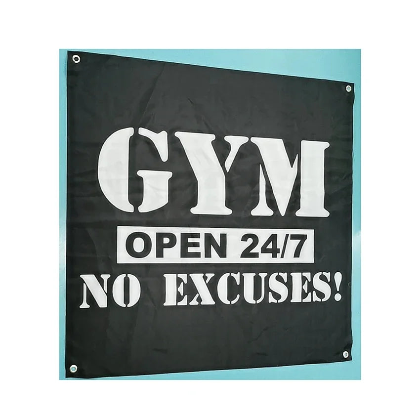 GYM Open 24/7 No Excuses Flag 3X3 FT Motivational Home Gym Tapestry For Decor Bedroom Room Dorm Wall With Four Brass Grommets - Sun Studio