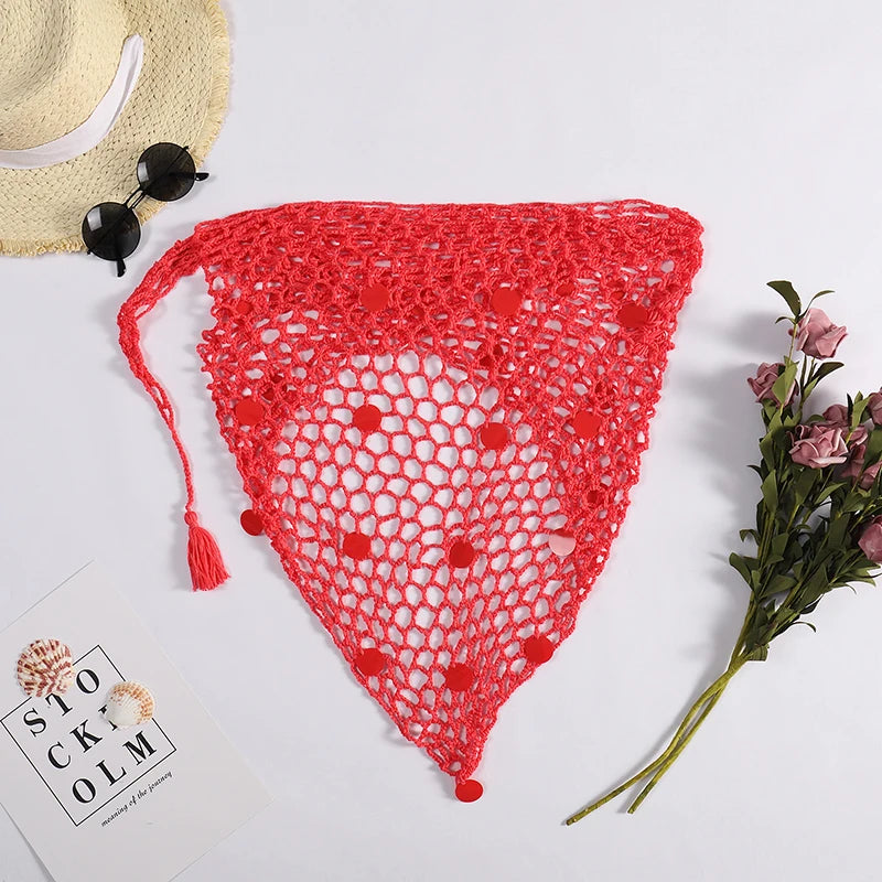 Women's Handmade Crochet Triangle Mesh Shawl With Sequins Sexy Beach Sunscreen Skirt Summer Hollow Out Swimsuit Cover Ups - Sun Studio