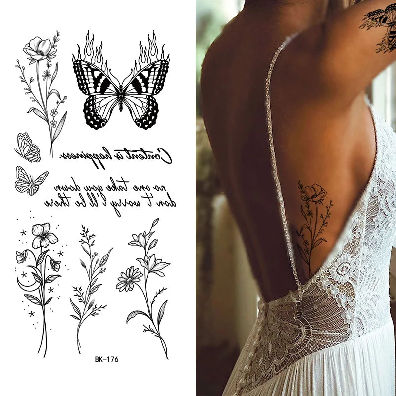 Black White Temporary Transfer Tattoos Floral Butterfly Lettering Line Art Waterproof Body Stickers for Music Festival Party