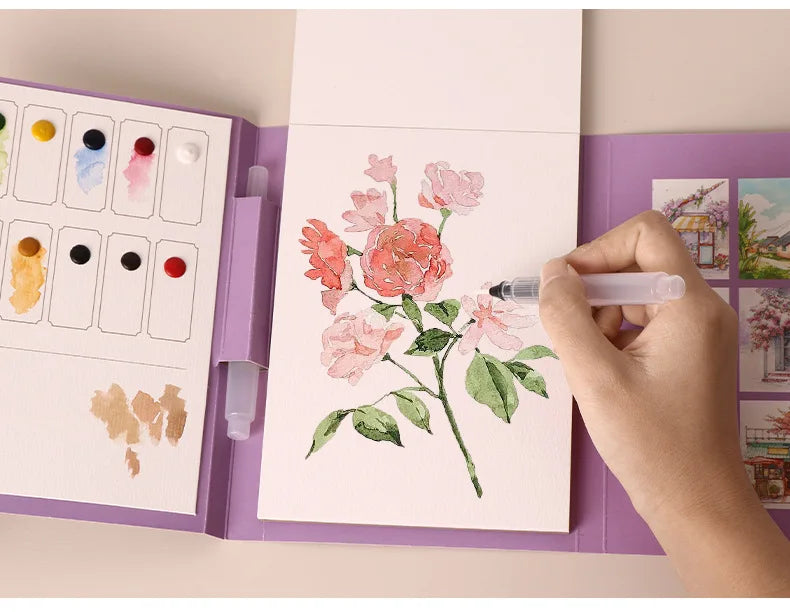 Bview Art Travel Watercolor Painting Set with Tri-Fold Book, Built-in 12 Colors & Stress Relief Note Paper for DIY Art Therapy - Sun Studio