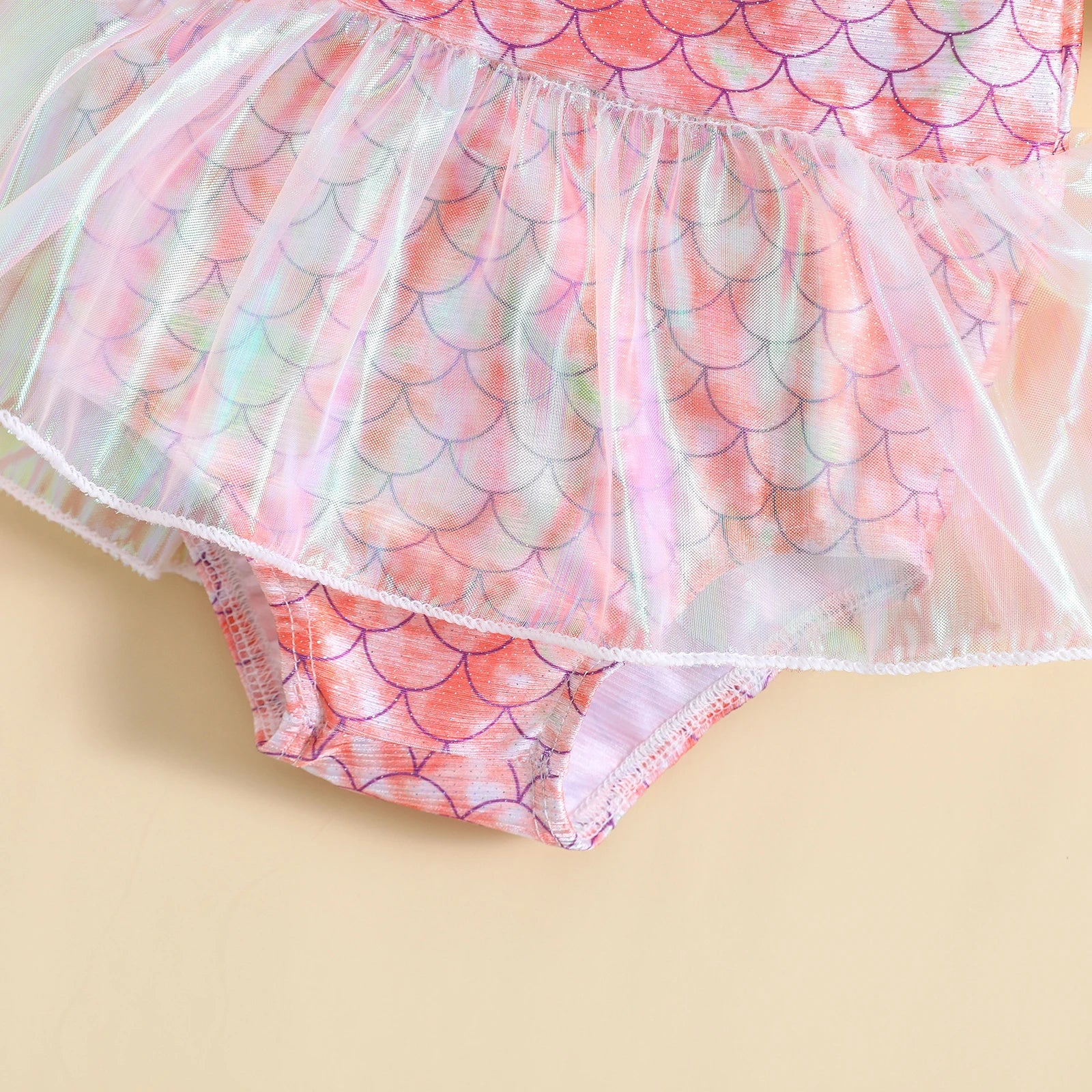 FOCUSNORM 1-5Y Kids Girls Summer Swimsuit Mermaid Skin Printed Mesh Patchwork Short Puff Sleeve Jumpsuits Beachwear - Sun Studio