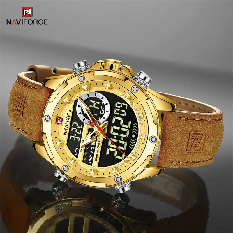 NAVIFORCE Luxury Original Watches For Men Casual Sport Chronograph Alarm Quartz WristWatch Leather Waterproof Digital Clock 9163 - Sun Studio