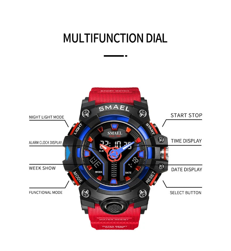 New SMAEL Sport Watch for Man Dual Time Watch for Men Shock Resistant Led Light Watch Military 8075 Quality Mens Sports Watches - Sun Studio