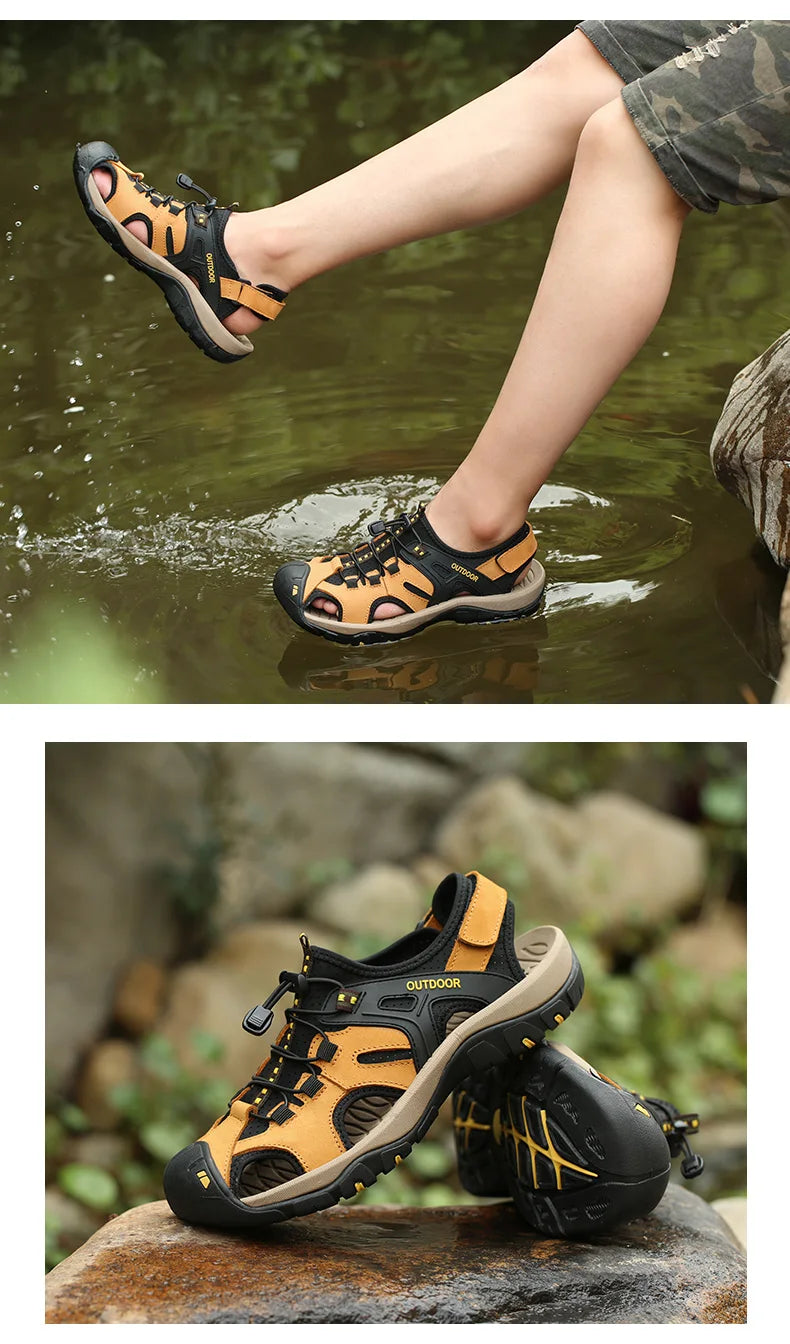 Men's Sandals Top Cowhide Upper Hollow Out Round Toe Outdoor Beach Walking Non Slip Durable Summer Beach Shoes Adjustable Buckle - Sun Studio
