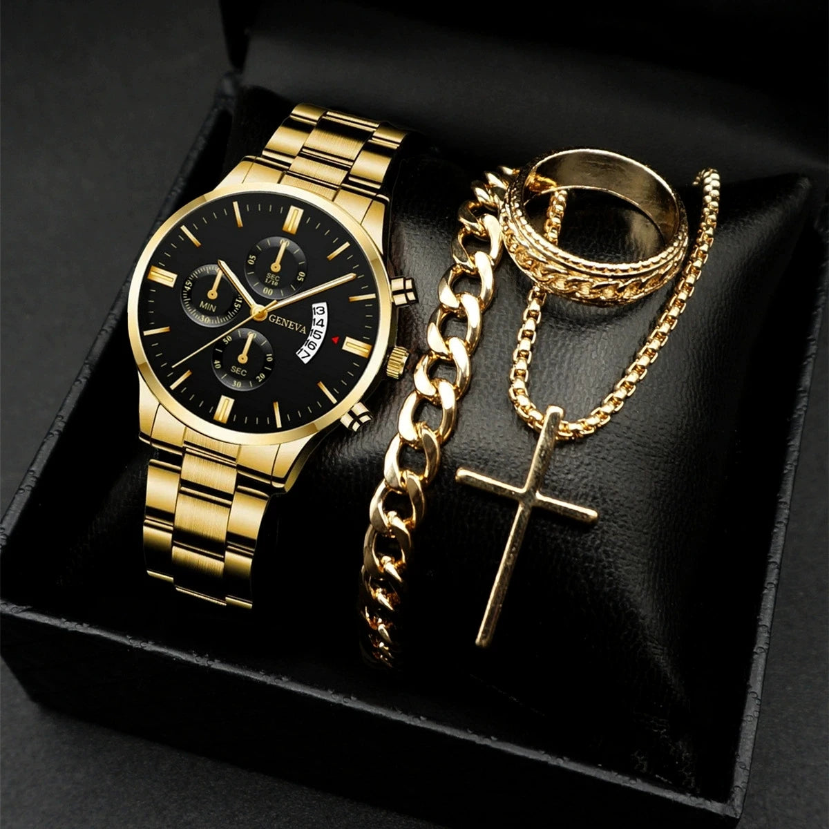 4PCS/Set Fashion Men's Watch Casual Gold Steel Band Analog Male Quartz Watches Jewelry Set（Without Box） - Sun Studio
