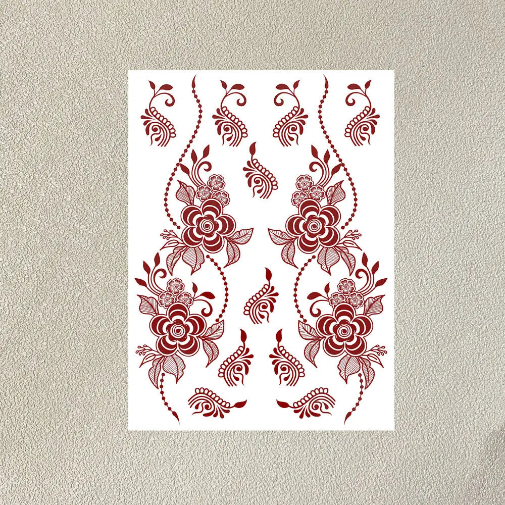 Wasserdichtes Blumen Hand Tattoo für Frauen Maroon Henna Tattoo Aufkleber für Hand Finger Körperkunst Einweg Fake Tattoo Festival