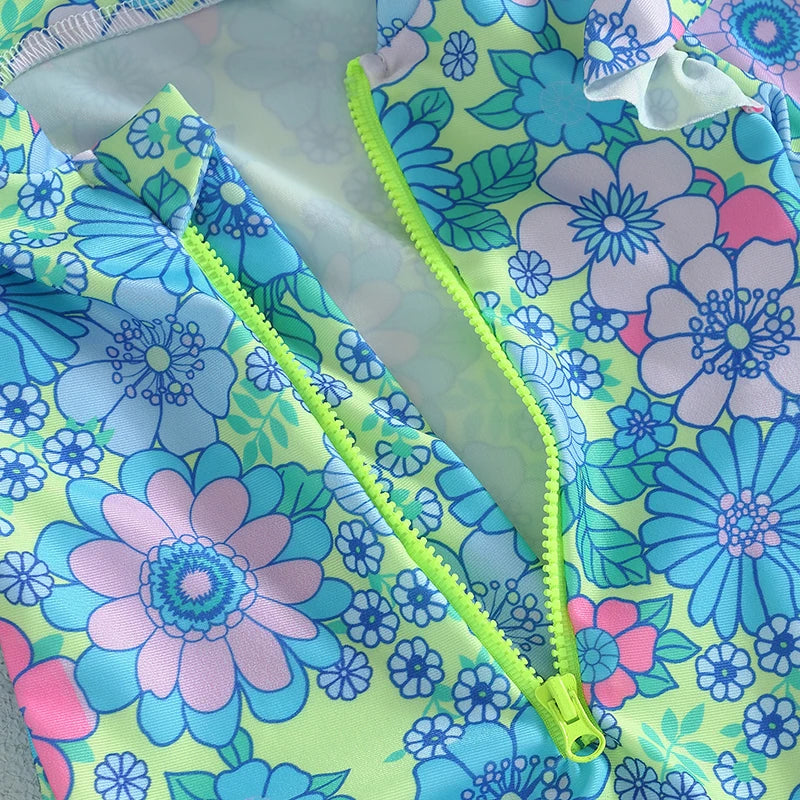 Infant Girls Rash Guard Swimsuit Floral Print Zipper Long Fly Sleeve Sun Protection Bathing Romper Swimwear - Sun Studio
