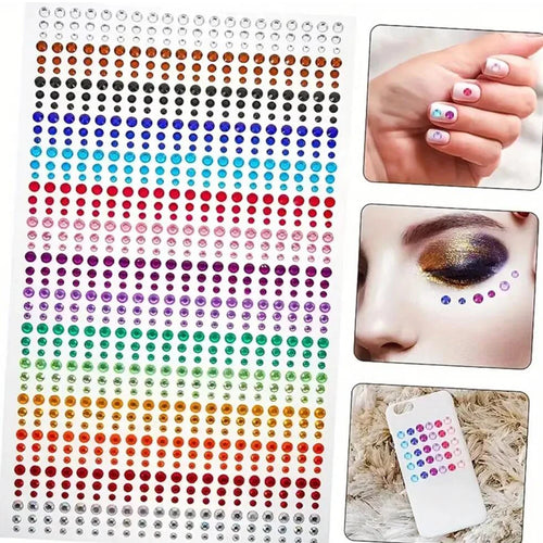 1sheet 900pcs Rainbow Face Glittle Gem Stickers Stick-On Facial Tattoo Eye Rhinestone Jewels 3/4/5mm Mix Wedding Party Make Up - Sun Studio