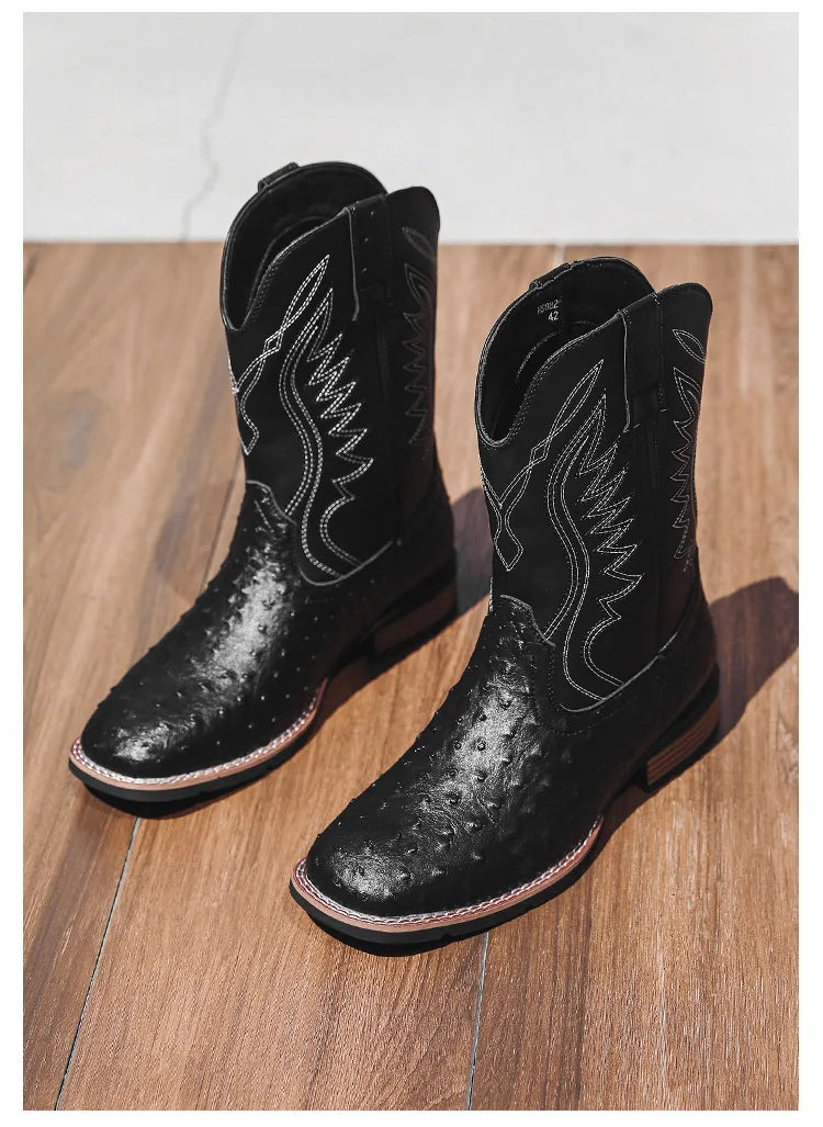 Men's Classic Retro Western Cowboy Boots Embossed Leather Mens Fashion Embroidery Mid-Calf Boot High top Casual Shoes for Men - Sun Studio