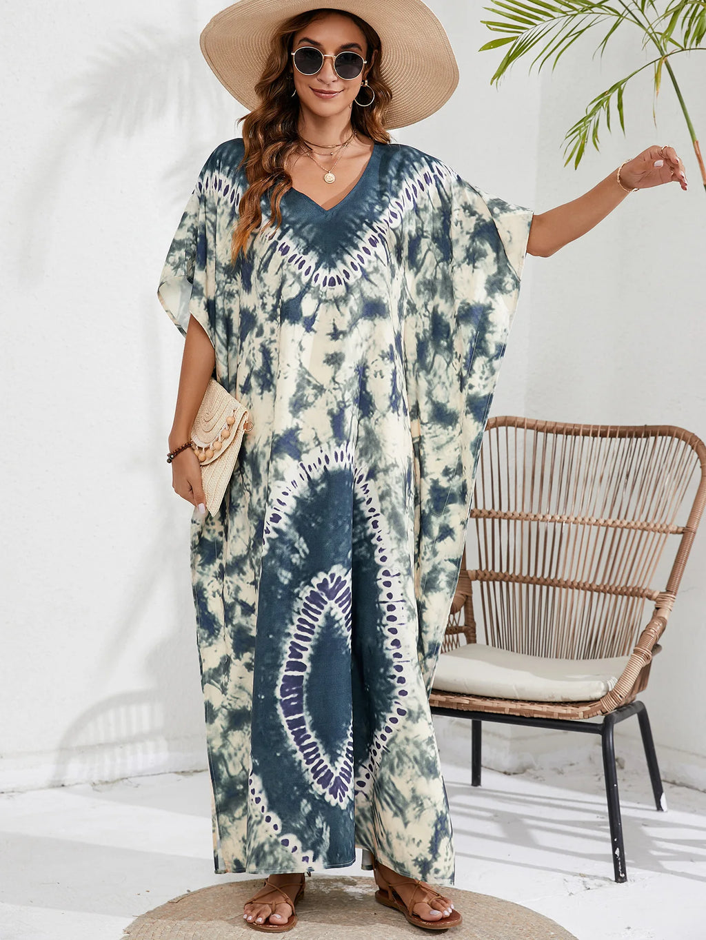 Kaftan Dresses for Women Plus Size Tie Dye Batwing Sleeve Caftans Swimsuit Coverup Maxi Dress Loungewear - Sun Studio