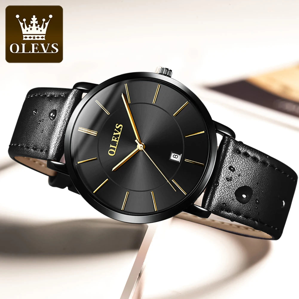 OLEVS 6.5mm Ultra Thin Quartz Watches Mens Top Brand Luxury Leather Waterproof Clock Male Classic Men Business Watch with Date - Sun Studio