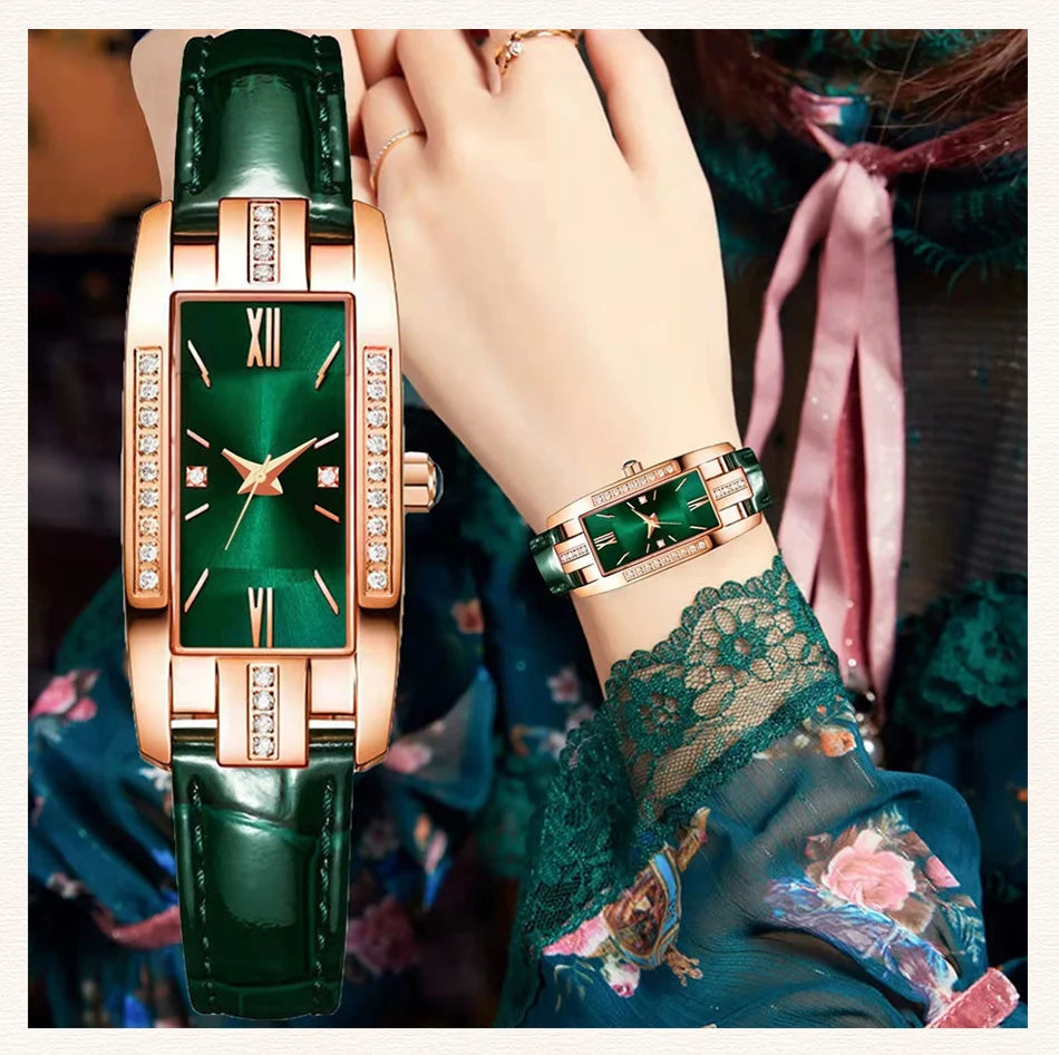 Womens Watches Fashion Square Ladies Quartz Watch Bracelet Set Green Dial Simple Leather Luxury Women Watches - Sun Studio