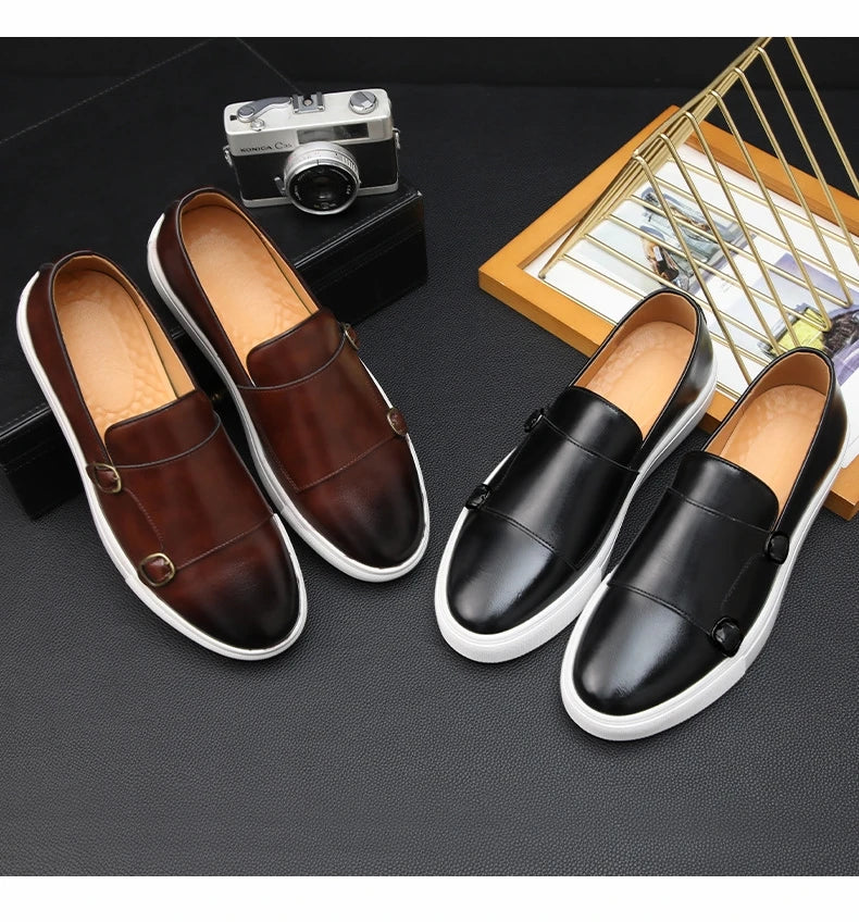 Fashion Man Casual Shoes Leather Men's Retro British Style Loafers Slip-on Outdoor Flats Double Monk Business Daily Shoe - Sun Studio