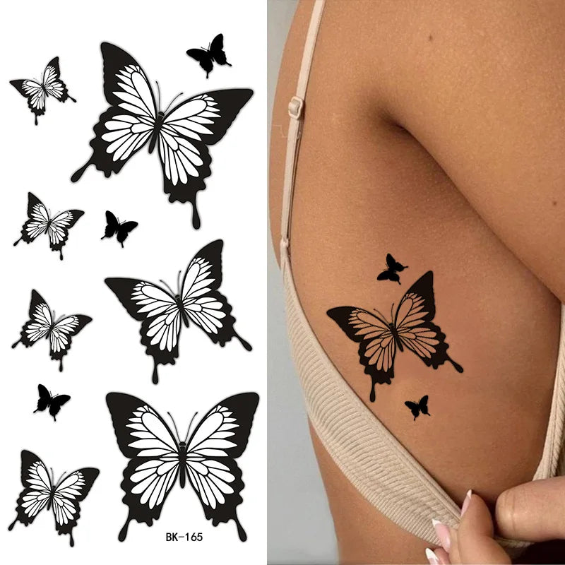 Black White Temporary Transfer Tattoos Floral Butterfly Lettering Line Art Waterproof Body Stickers for Music Festival Party