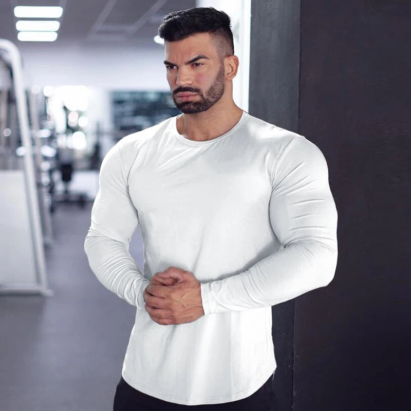 Plain Gym Fitness Bodybuilding Sport T-shirts Mens Casual Long Sleeve Cotton Shirts Cotton Breathable Workout Autumn Clothing - Sun Studio