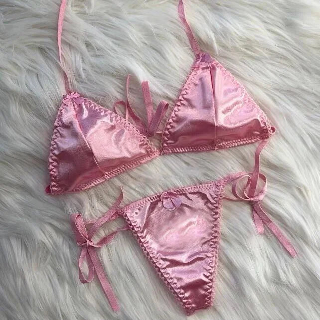 Custom Thongs Bra Sets Bikini With Embroidery Letters Name Personality String Sexy Panties Y2k Hotwife Underwear Pink Swimsuit - Sun Studio