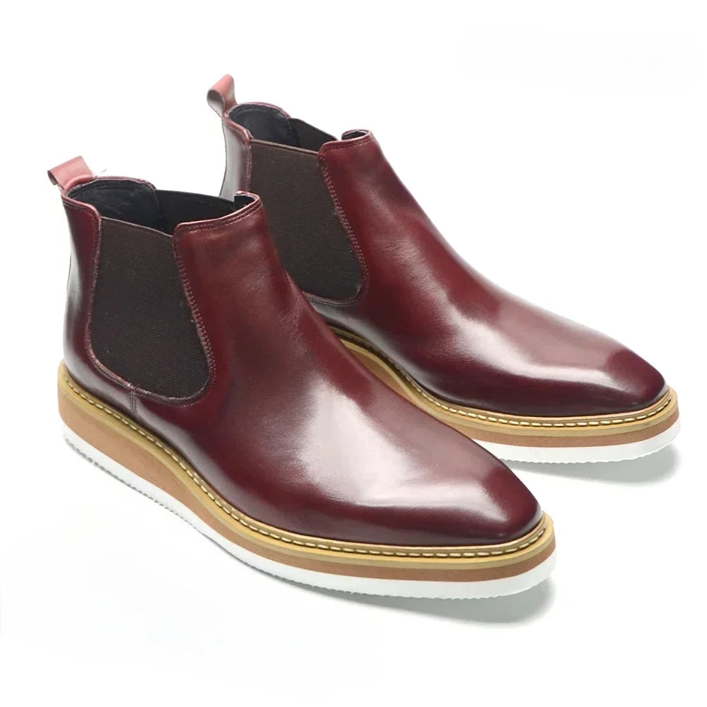 British Style Cow Genuine Leather Men's Chelsea Ankle Boots Slip-on Elastic Band High Top Sneakers Casual Dress Boot for Men