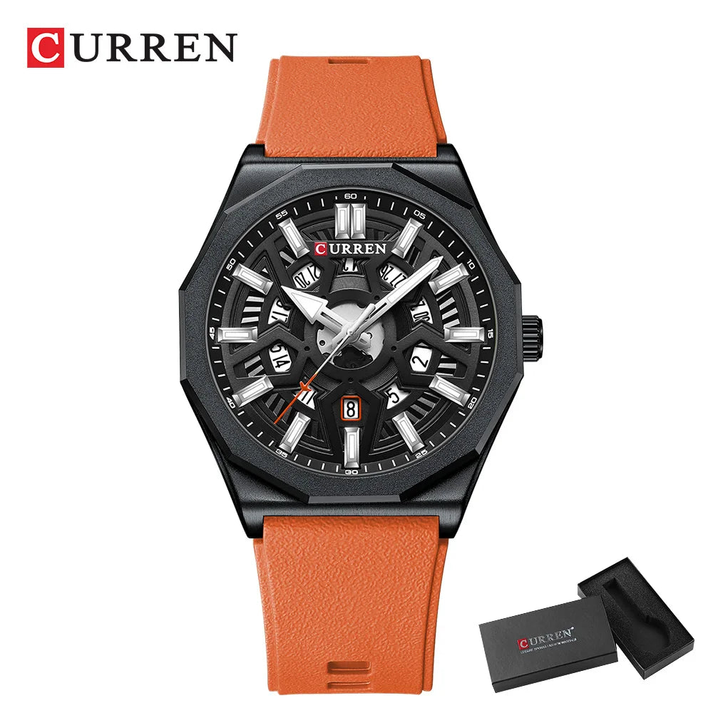 CURREN Fashion Creative Design Watches Men Quartz Silicone Strap Date Wristwatches for Male Clock with Luminous Hands