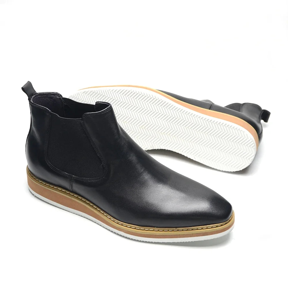 British Style Cow Genuine Leather Men's Chelsea Ankle Boots Slip-on Elastic Band High Top Sneakers Casual Dress Boot for Men - Sun Studio