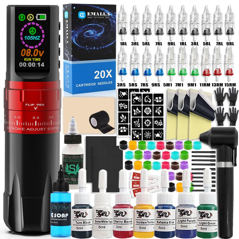 Professional Wireless Tattoo Machine Kit Wireless Rotary Tattoo Pen with Tattoo Cartridge Needles Inks for Tattoo Beginners Set - Sun Studio