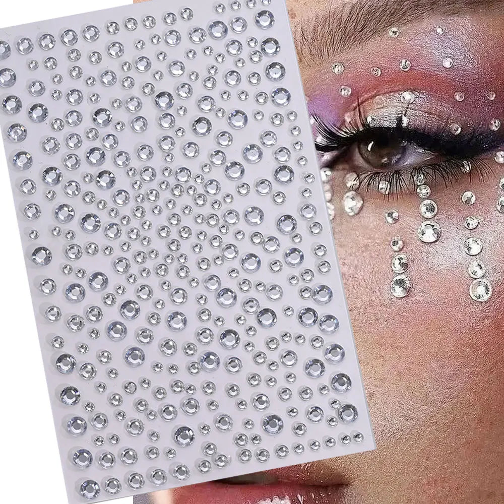 1sheet 900pcs Rainbow Face Glittle Gem Stickers Stick-On Facial Tattoo Eye Rhinestone Jewels 3/4/5mm Mix Wedding Party Make Up - Sun Studio