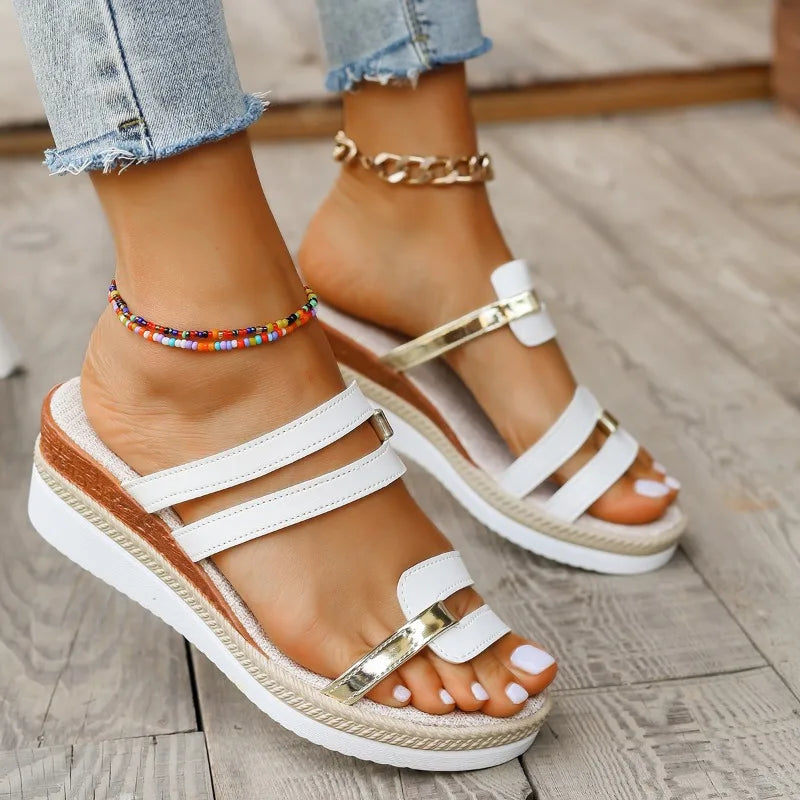 Summer Casual Color Blocking Sandals for Women Fashion Solid Comfortable Soft Leather Thick Soled Slope Woven Straw Sandals - Sun Studio