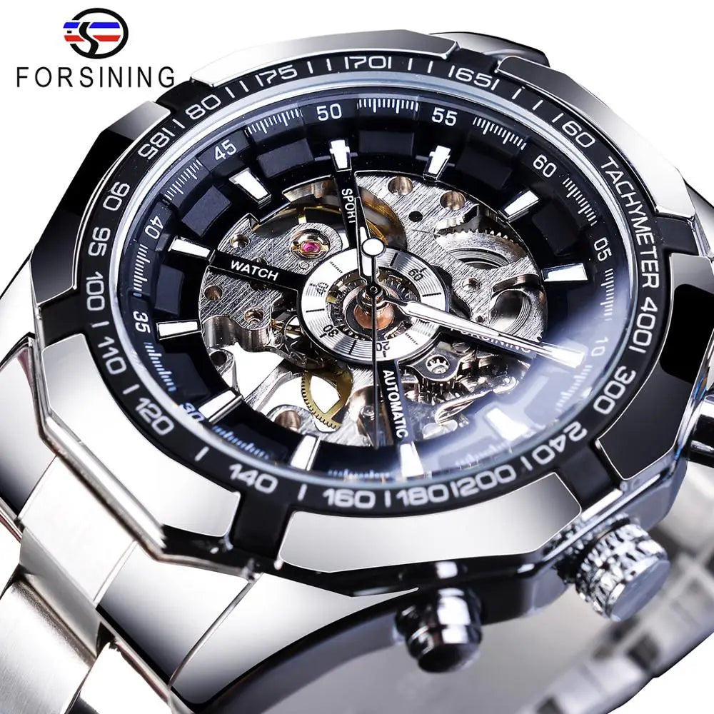 Forsining 2021 Stainless Steel Waterproof Mens Skeleton Watches Top Brand Luxury Transparent Mechanical Sport Male Wrist Watches - Sun Studio
