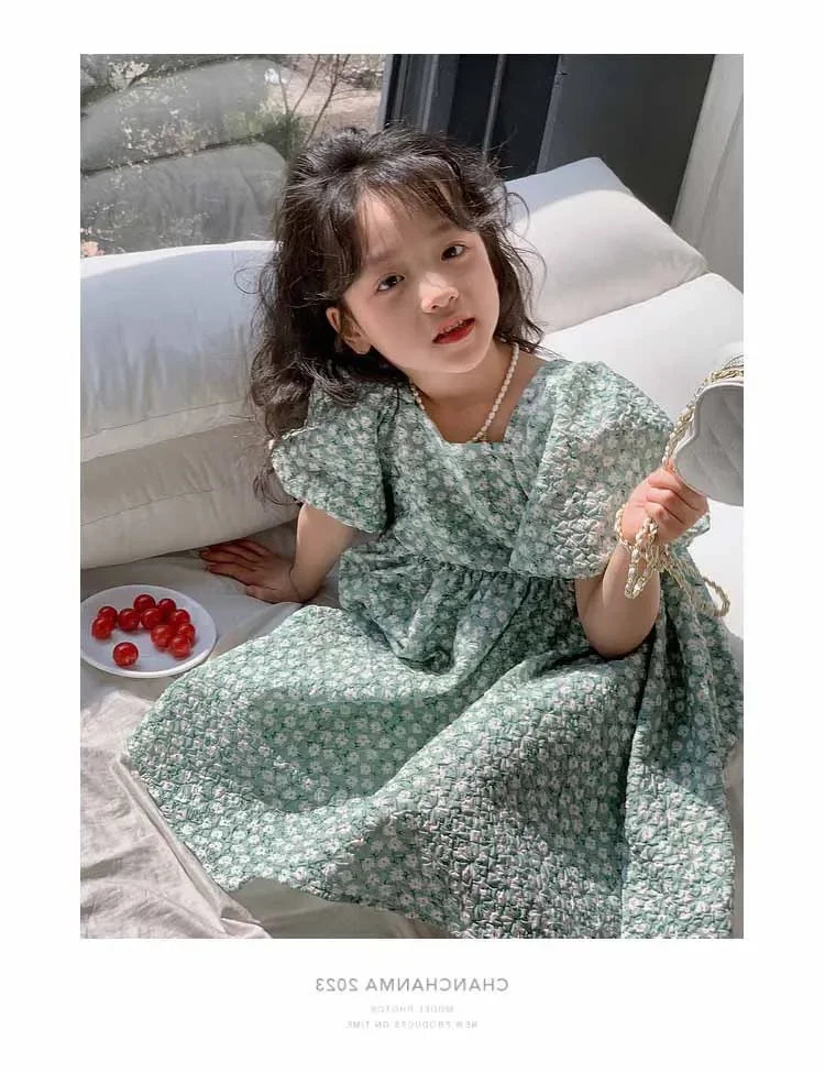 Girls Casual Dresses Floral Print Puffy Sleeves Dress Flower Girl Dresses Square Collar Clothes for Kids 3 To 7 Years - Sun Studio