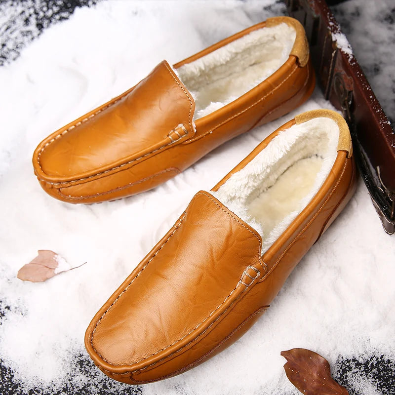 Winter Fur Loafers Men Casual Shoes Cotton Leather Dress Shoes Slip-on Flats Plush Man Moccasins Fleece Lined Driving Shoes - Sun Studio