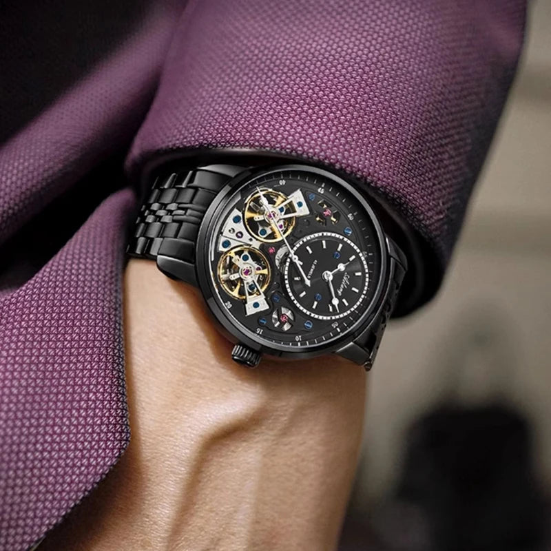 AILANG Brand New Luxury Double Tourbillon Watch for Men Stainless Steel Strap Waterproof Fashion Mechanical Watches Mens - Sun Studio