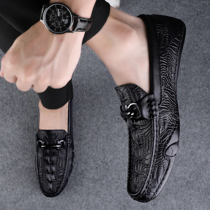 Mens Slip On Loafers Genuine Leather Casual Shoes Driving Moccasins Flats Luxury Brand Classic Black Handmade - Sun Studio