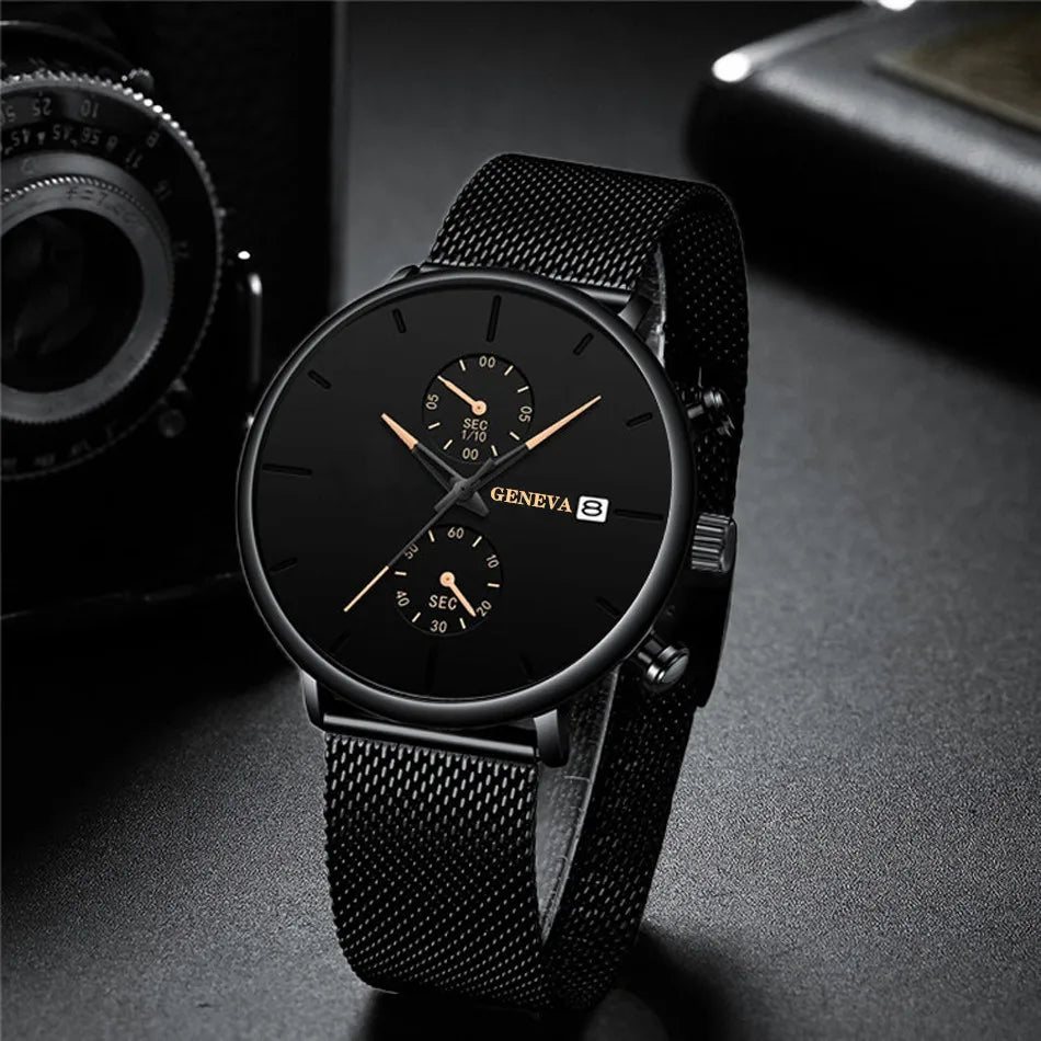 Men Watches Luxury Brand Date Calendar Watches Men Stainless Steel Mesh Watch For Mens Casual Quartz Watch Relogio Masculino Hot - Sun Studio