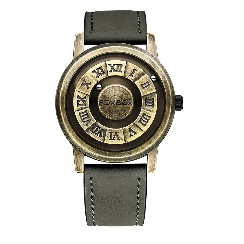 FOXBOX Montre à quartz pour homme, mode, personnalité, créative, boule de fer défilante, pointeur magnétique, étanche pour montres masculines, cadeau + boîte
