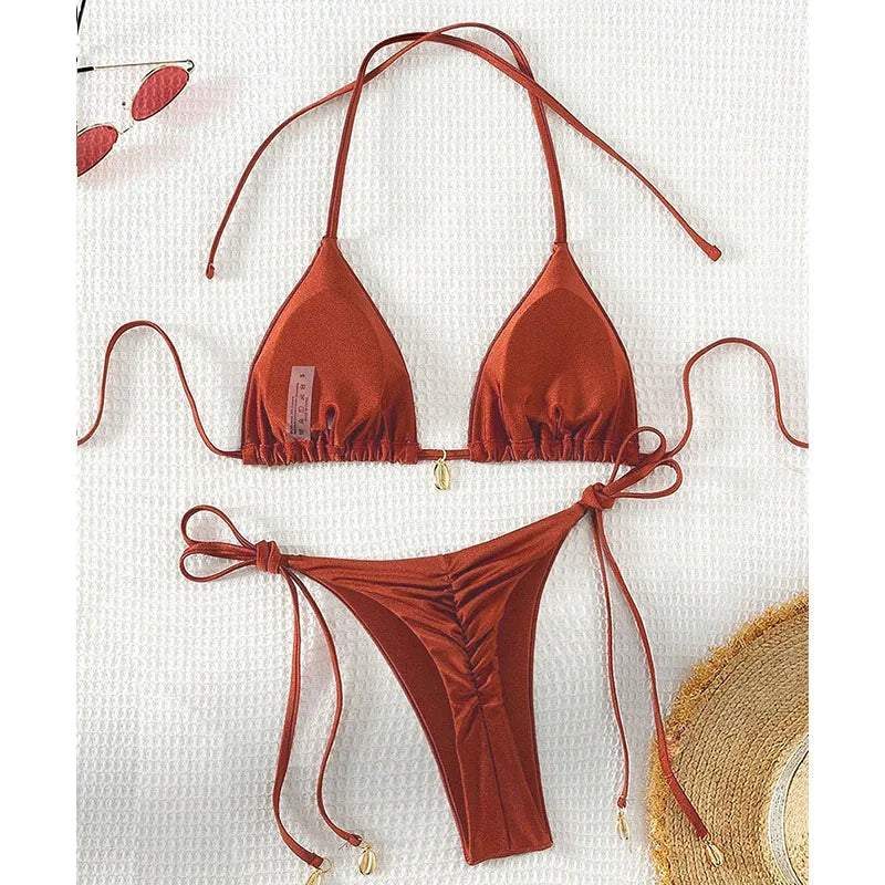 2 Pcs/Set Bikini Set Sexy Bikinis 2025 Bathing Suit Solid Color Halter Neck Strap Thong Women Swimsuit Set for Beach Swimwear - Sun Studio
