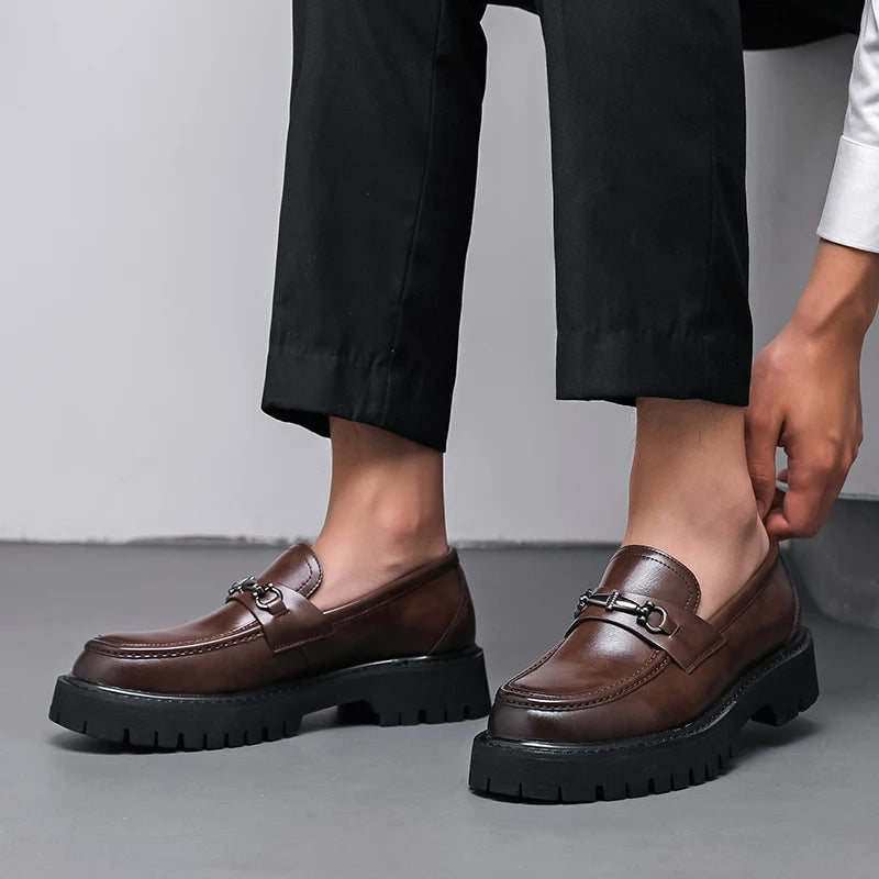STRONGSHEN Men Leather Shoes Thick-soled British Style Formal Business Shoes Fashion Luxury Slip-On Round Toe Office Casual Shoe - Sun Studio