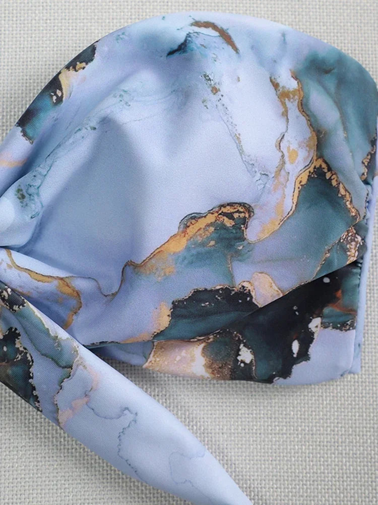 Sexy Scalloped Marble Print Bikini Women Bandeau Swimwear Female Swimsuit Two-pieces Bikini set Knotted Bather Bathing Suit Swim - Sun Studio