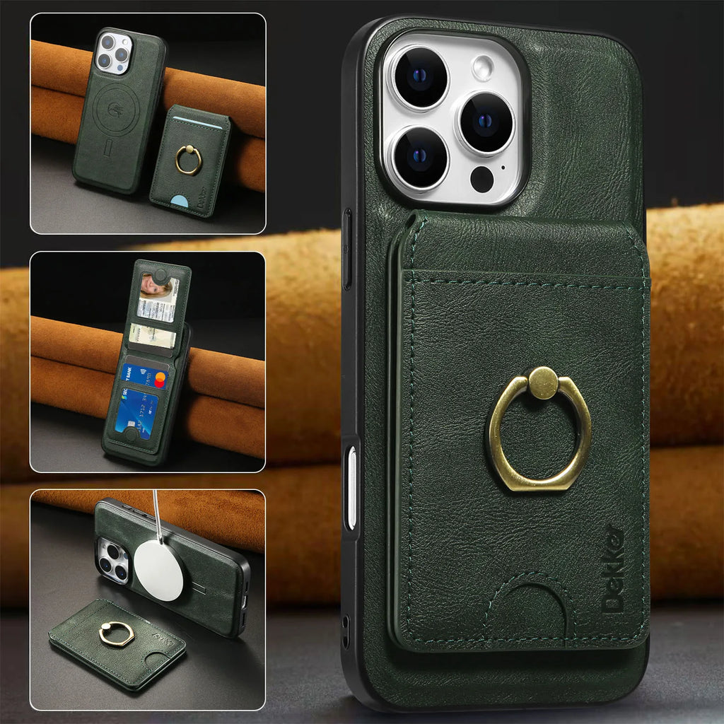 2 in 1 Detachable Vertical Cards Solt Ring Holder Wallet Leather Case For iPhone 16 Pro Max 15 Plus 14 13 12 Magnetic Bag Cover - Sun Studio