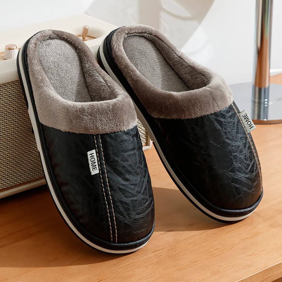 PU Leather Big Sizes Men slippers Indoor Waterproof Fur Flat Men's Winter Home Slipper Cotton Bedroom Houseshoes - Sun Studio