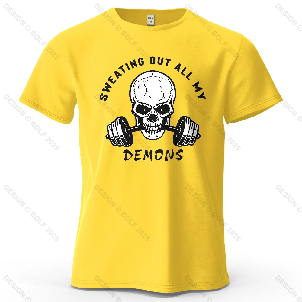 Fitness Skull Motivated Printed Men's T-Shirt 100% Cotton Oversized Gym Graphic Tees for Women Tops Tees Casual Streetwear - Sun Studio