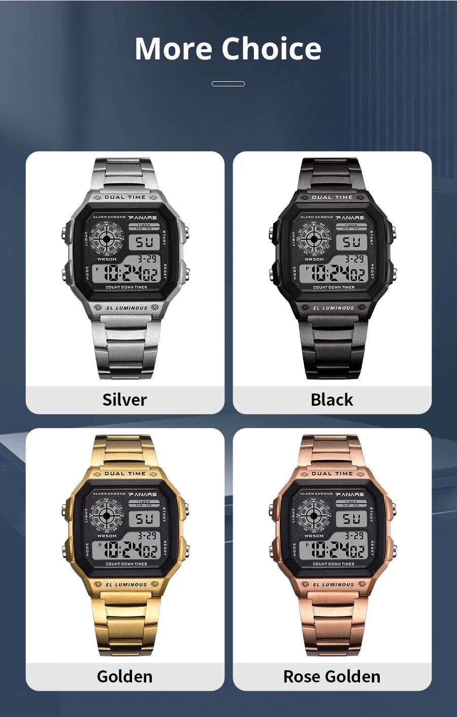 PANARS Top Luxury Stainless Steel Strap Sport Watches Mens Waterproof Back Light Digital Wristwatch Male Alarm - Sun Studio